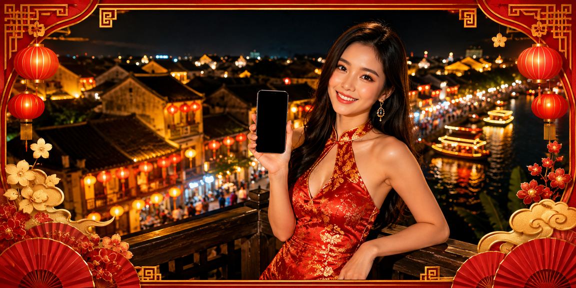Người dùng tại Hội An trải nghiệm casino trên điện thoại dưới ánh đèn lồng về đêm