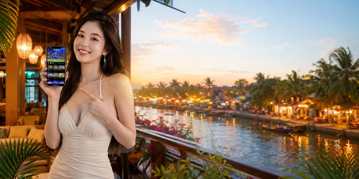 Người chơi đăng ký tài khoản 1143 trên điện thoại tại quán cà phê Hội An