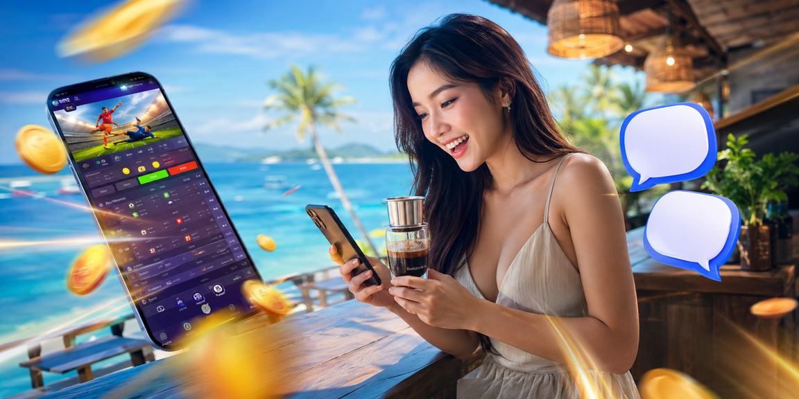 Du khách tại Phú Quốc mở ứng dụng casino trên điện thoại bên bàn cà phê ngoài trời